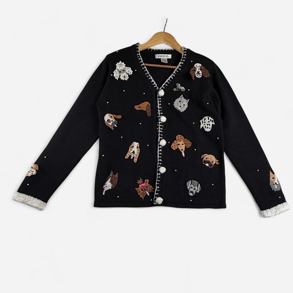 [S] Excellent Black Arriviste Dog Novelty Ramie Cotton Pearl Cardigan Sweater